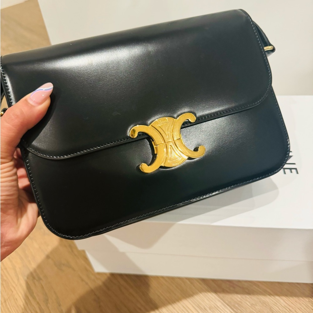 BRAND NEW IN BOX: Celine Triomphe Bag in Calfskin Black ($4150 org) BOX, RECEIPT
